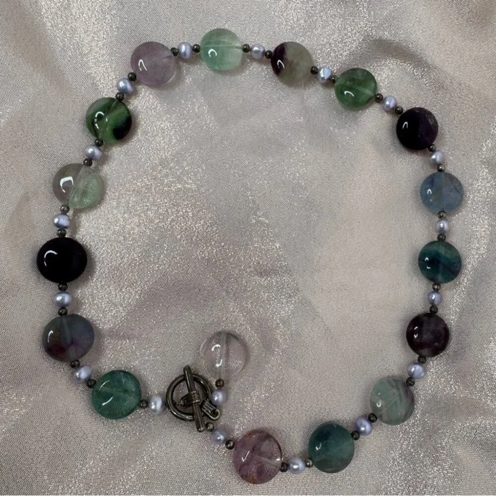 Fluorite necklace toggle beaded purple green blue crystal geode rock luxe